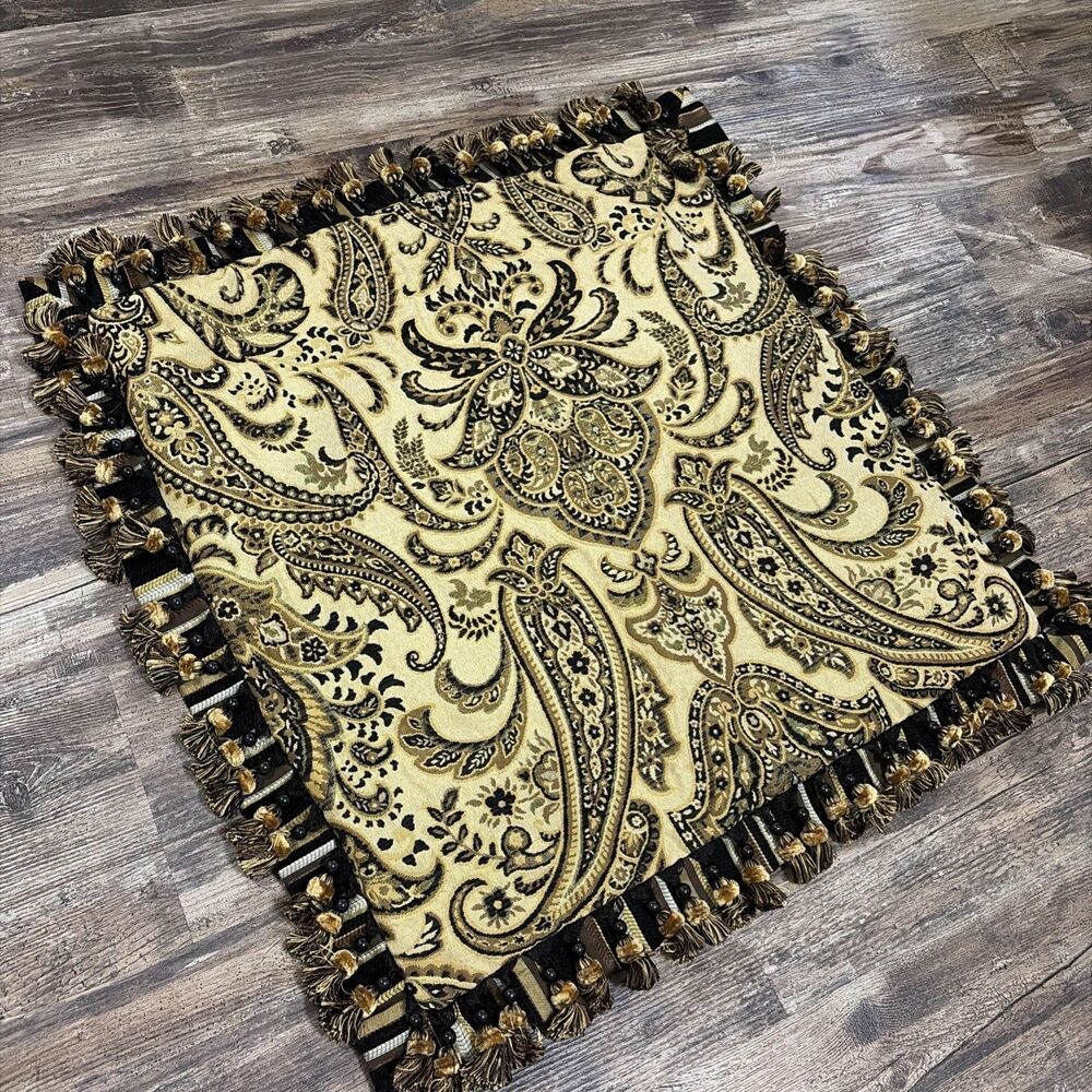 Arabella chenille damask decorative throw pillow Sham with brown & gold fringe